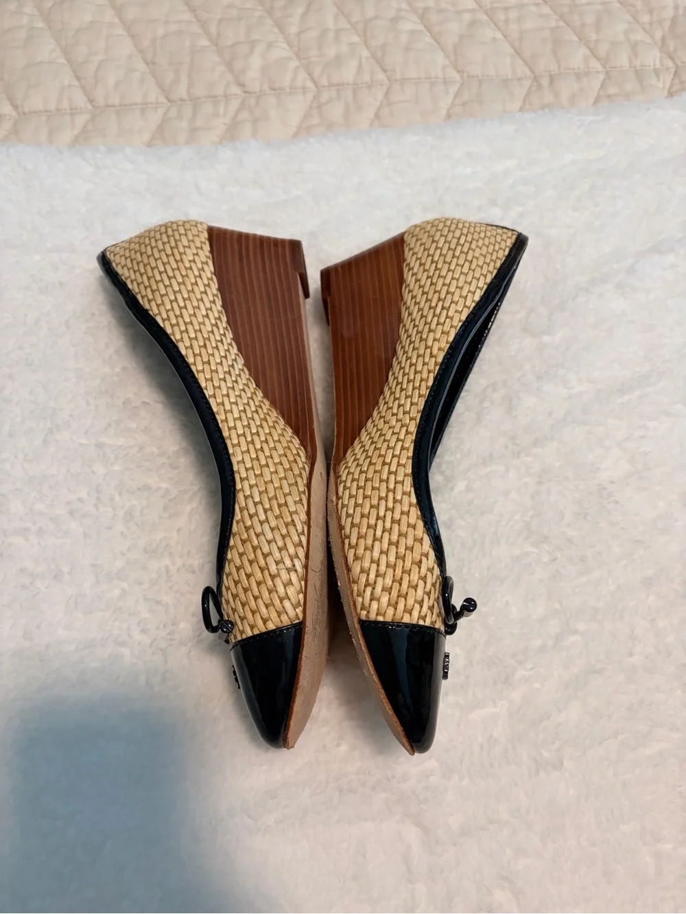 Tory Burch Navy and Natural Raffia Cap-Toe Ballet Flats